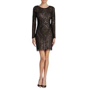 Adrianna Papell Black Beaded Long Sleeve Mesh Mini Dress - 4P
